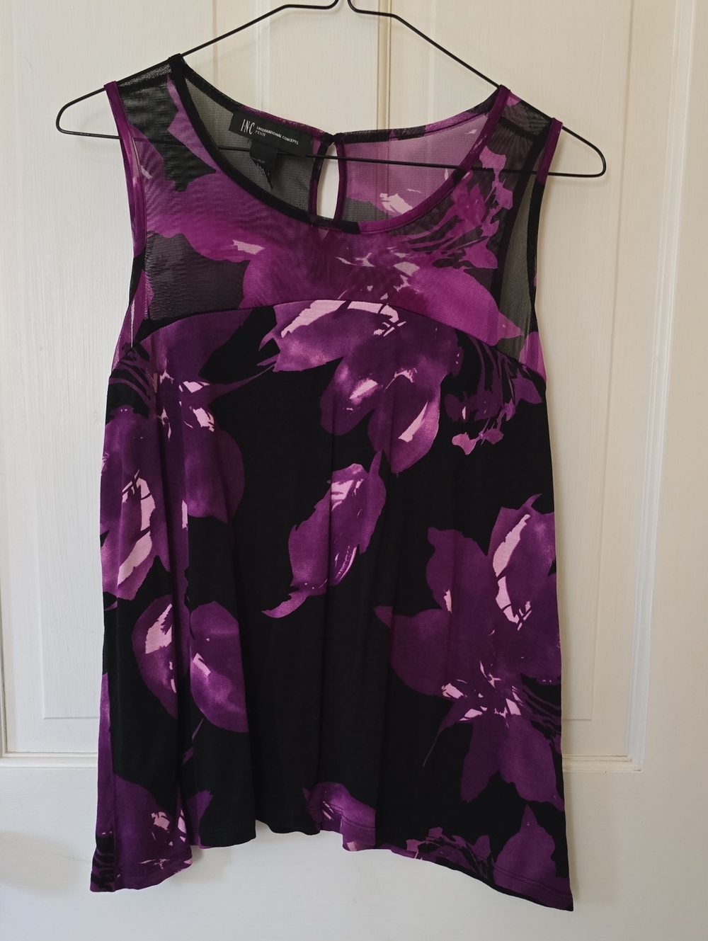 INC International Concepts Black & Purple Floral Mesh Sleeveless Top Size PS